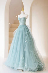 Prom Dresses Champagne, Lovely Sweetheart Neckline Tulle Long Prom Dress with Lace, Strapless Evening Dress