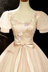 Garden Wedding, Lovely Tulle Sequins Long Prom Dress, A-Line Short Sleeve Evening Party dress