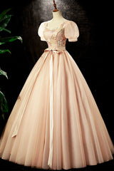 Wedding Photo, Lovely Tulle Sequins Long Prom Dress, A-Line Short Sleeve Evening Party dress