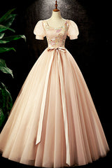 Bridesmaids Dresses Strapless, Lovely Tulle Sequins Long Prom Dress, A-Line Short Sleeve Evening Party dress