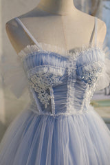 Homecoming Dresses Baby Blue, Lovely Tulle Spaghetti Strap Short Prom Dresses, A-Line Lace Homecoming Dresses