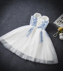 Prom Dresses 2021 Black, Lovely White Tulle Party Dress with Blue Applique, Homecoming Dress