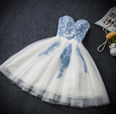 Prom Dresses For Chubby Girls, Lovely White Tulle Party Dress with Blue Applique, Homecoming Dress