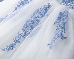 Prom Dress Long With Sleeves, Lovely White Tulle Party Dress with Blue Applique, Homecoming Dress