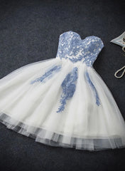 Prom Dresses Tight Fitting, Lovely White Tulle Party Dress with Blue Applique, Homecoming Dress