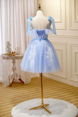 Bridesmaids Dress Designers, Blue Lace Knee Length Prom Dress, Lovely A-Line Homecoming Dress