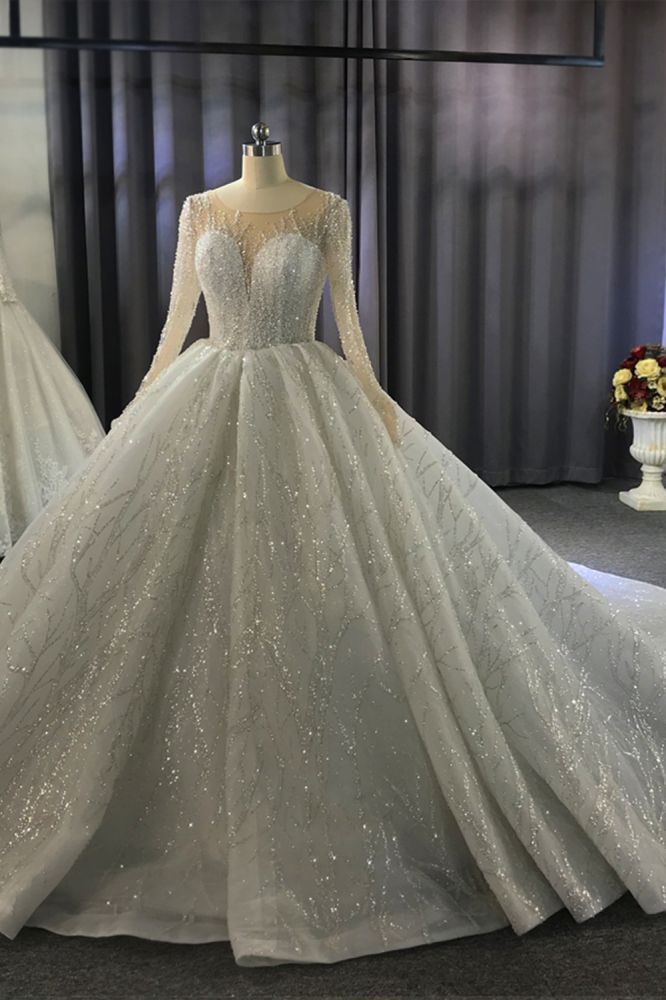 Wed Dresses Vintage, Luxurious Ball Gown Long Sleeves Crystal Beading Wedding Dress A line Classic