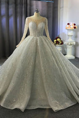 Wedsing Dress Vintage, Luxurious Ball Gown Long Sleeves Crystal Beading Wedding Dress A line Classic