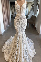 Wedding Dresses Tops, Luxurious Plunging V neck Mermaid Lace Wedding Dresses Romantic Bridal Gowns for Garden Wedding