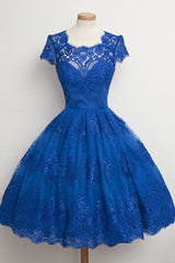 Evening Dress Shops, Luxurious Royal Blue Homecoming Dress,Scalloped-Edge Ball Knee-Length Dress