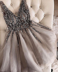 Flower Girl Dress, Luxurious Sequins Beaded V-neck Tulle Homecoming Dresses Short Party Dress