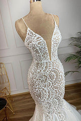 Wedding Dress For Large Bust, Luxurious Spaghetti Strap Plugging V neck White Sleeveless Mermaid Hollow Wedding Dress