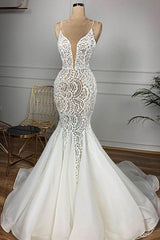Wedding Dresses Under 10004, Luxurious Spaghetti Strap Plugging V neck White Sleeveless Mermaid Hollow Wedding Dress