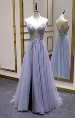 Formal Dresses For Wedding, Luxury Beaded A Line Spaghetti Straps Long Prom Dresses,Split Tulle Evening Party Dress