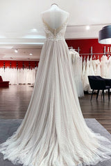 Weddings Dresses Styles, Luxury Long A-line V-neck Tulle Open Back Lace Wedding Dress