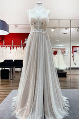 Wedding Dresse Styles, Luxury Long A-line V-neck Tulle Open Back Lace Wedding Dress
