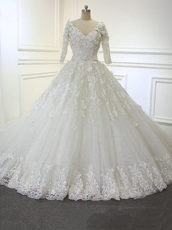 Wedding Dresses Near Me, Luxury Long Ball Gown V Neck Lace Wedding Dresses with Sleeves