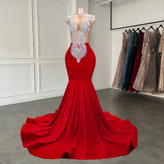 Black Lace Dress, Luxury Sparkly Silver Handmade Diamond Red Spandex Black Girl Mermaid Long Prom Dresses