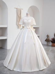 Wedding Dresses Simple, Beautiful Sweetheart Neck Satin Long Prom Dress with Detachable Lace Top, White Formal Wedding  Dress