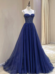 Bridesmaid Dresses Elegant, Blue Spaghetti Straps Tulle Beaded Long Formal Dress, Blue A-Line Evening Dress with Corset