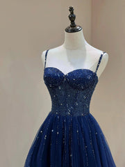 Bridesmaid Dress Colors, Blue Spaghetti Straps Tulle Beaded Long Formal Dress, Blue A-Line Evening Dress with Corset