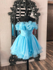 Party Dress Brands, Lovely Blue Strapless A-Line Short Prom Dress, Organza Pleated Ruffle Tiered  Homecoming Dress