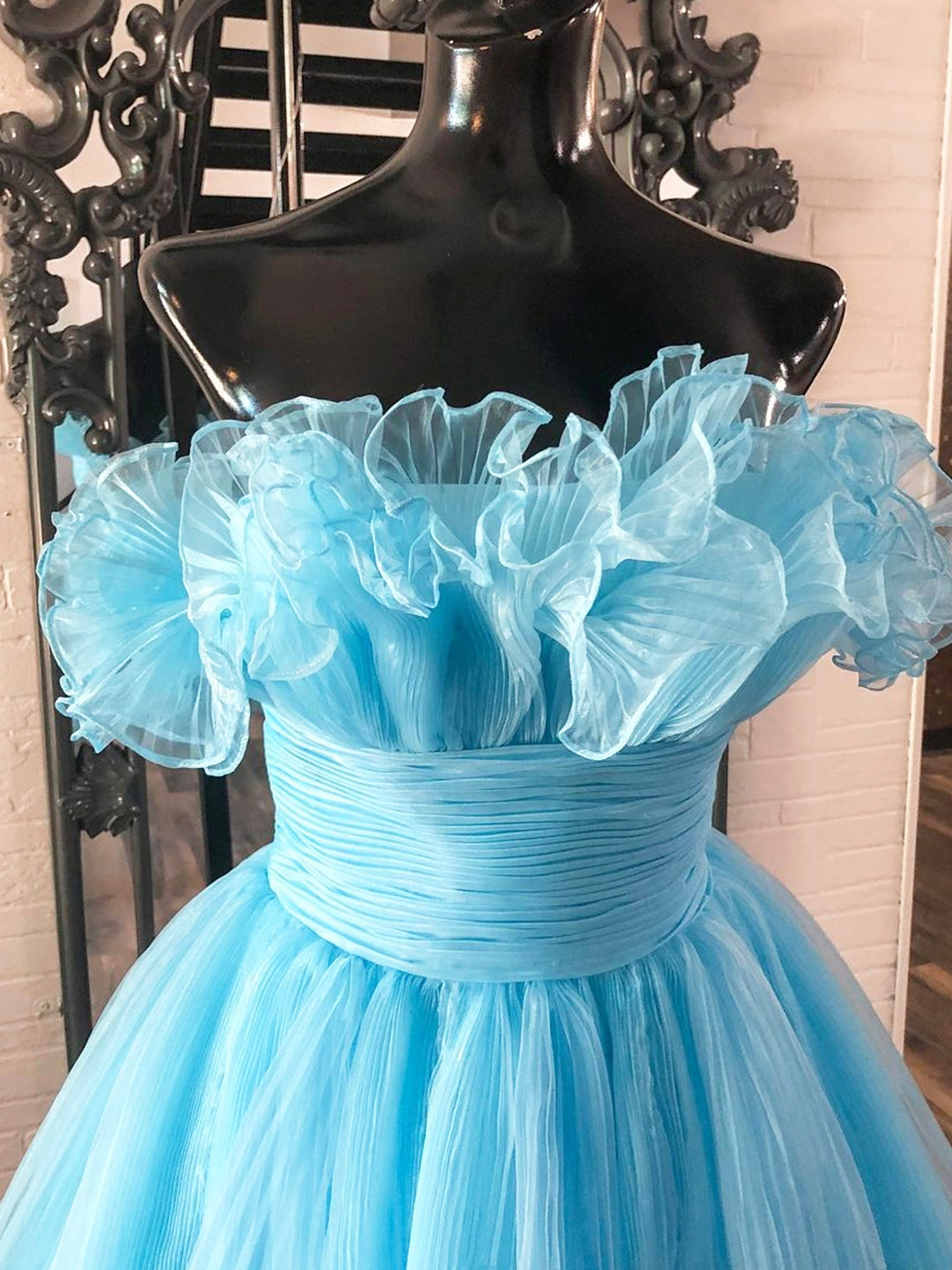 Party Dress Dress Code, Lovely Blue Strapless A-Line Short Prom Dress, Organza Pleated Ruffle Tiered  Homecoming Dress