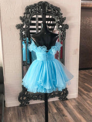 Party Dress Long, Lovely Blue Strapless A-Line Short Prom Dress, Organza Pleated Ruffle Tiered  Homecoming Dress