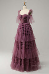 Evening Dresses 1949S, Mauve Off-the-Shoulder Lace-Up Tulle Multi-Layers Long Prom Dress