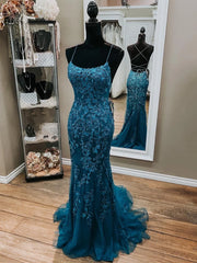 Evening Dresses Cocktail, Mermaid Backless Dark Teal Lace Long Prom Dresses