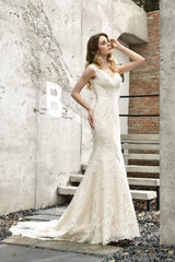 Wedding Dress Ballgown, Mermaid Ivory V neck Lace Wedding Dresses with Ruffless Train