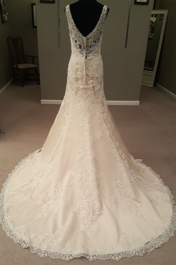 Wedding Dresses Silk, Mermaid Long Champagne Bridal Dress with Lace,Dream Wedding Gown