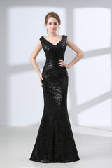 Homecoming Dresses Knee Length, Mermaid Long V Neck Black Sequined Sheer Back Prom Dresses