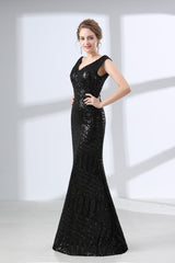 Homecomming Dresses Bodycon, Mermaid Long V Neck Black Sequined Sheer Back Prom Dresses
