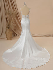 Wedding Dress Couture, Mermaid Satin Spaghetti Straps Appliques Lace Chapel Train Corset Wedding Dress