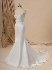 Wedding Dresses Couture, Mermaid Satin Spaghetti Straps Appliques Lace Chapel Train Corset Wedding Dress