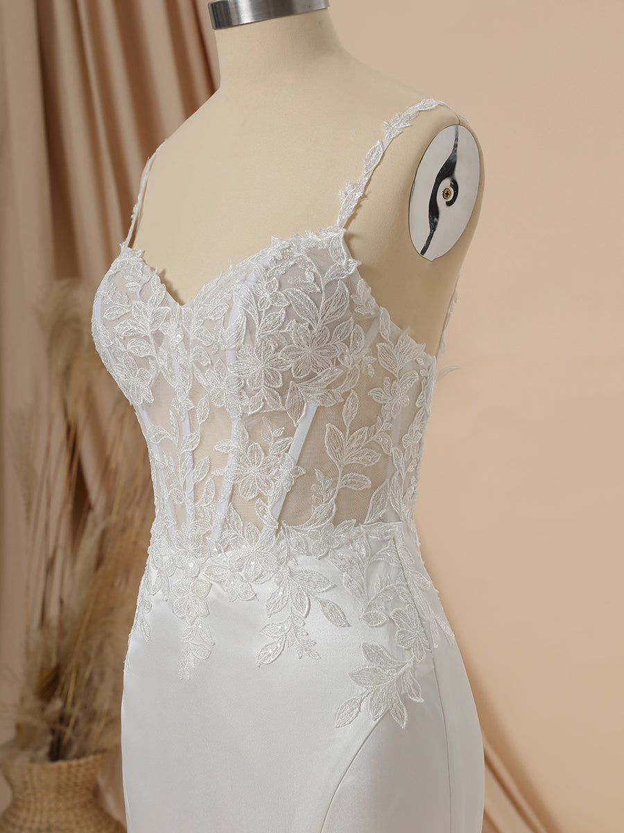 Wedding Dresses For Over 50, Mermaid Satin Spaghetti Straps Appliques Lace Chapel Train Corset Wedding Dress