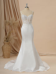 Wedding Dresses Country, Mermaid Satin Spaghetti Straps Appliques Lace Chapel Train Corset Wedding Dress