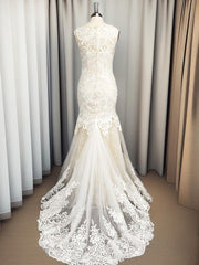 Wedding Dresses Lace A Line, Mermaid Scoop Applique Sweep Train Tulle Wedding Dress