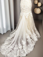 Wedding Dress Inspired, Mermaid Scoop Applique Sweep Train Tulle Wedding Dress