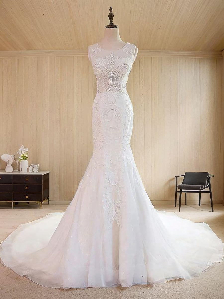 Wedding Dresses Rustic, Mermaid Scoop Appliques Lace Sweep Train Tulle Wedding Dress
