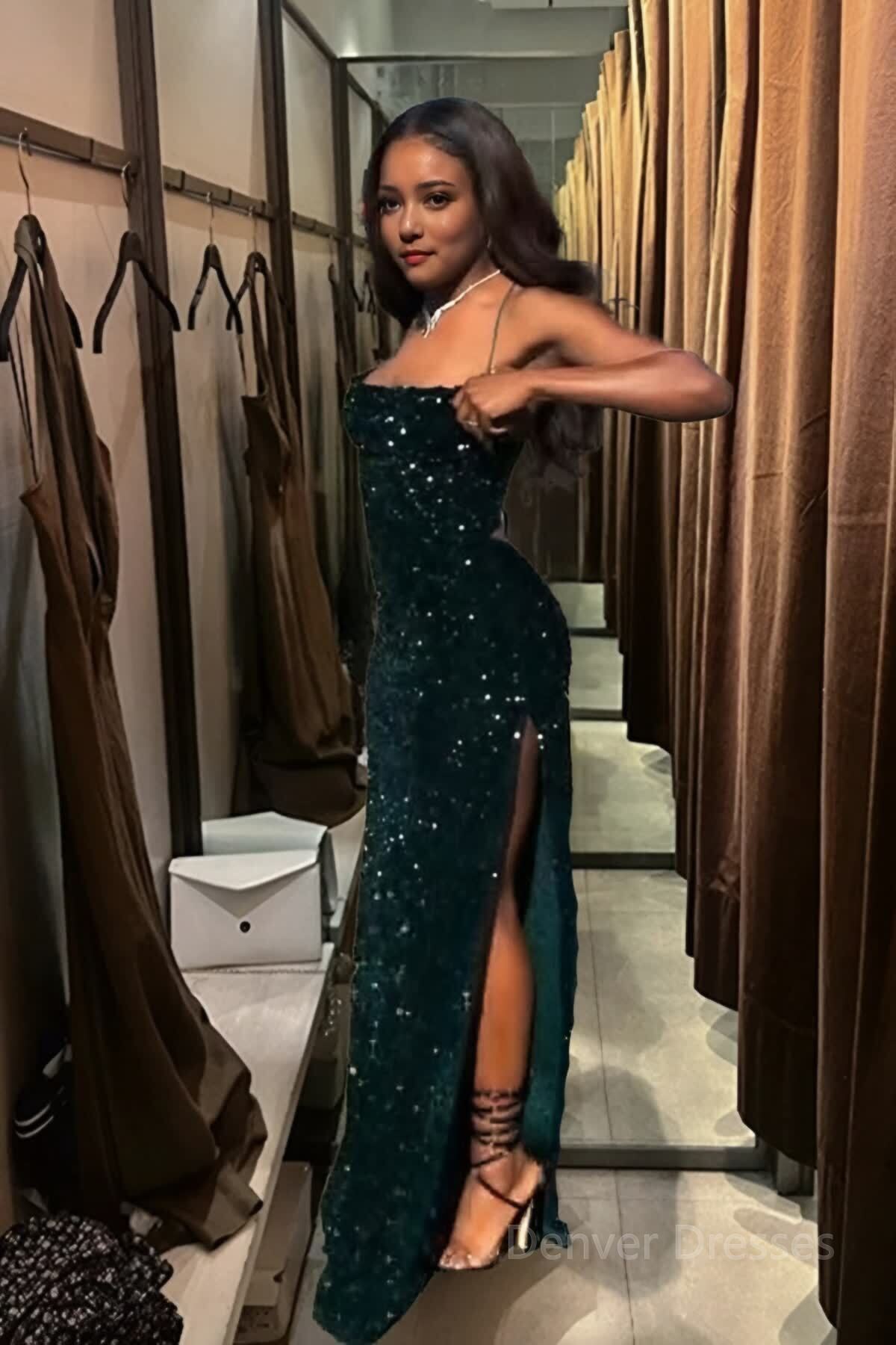 Mermaid Sequins Dark Green Long Prom Dresses 22th Birthday Outfits