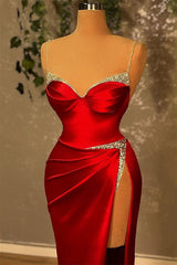 Pleated Dress, Mermaid Spaghetti Strap Sweetheart Floor-length Sleeveless Red High Split Prom Dresses
