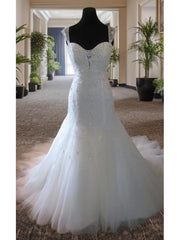 Wedding Dress With Long Sleeves, Mermaid Straps Beading Court Train Tulle Wedding Dress