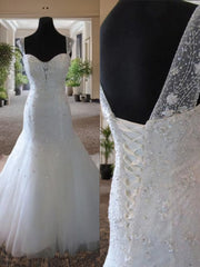 Wedding Dress With Corset, Mermaid Straps Beading Court Train Tulle Wedding Dress