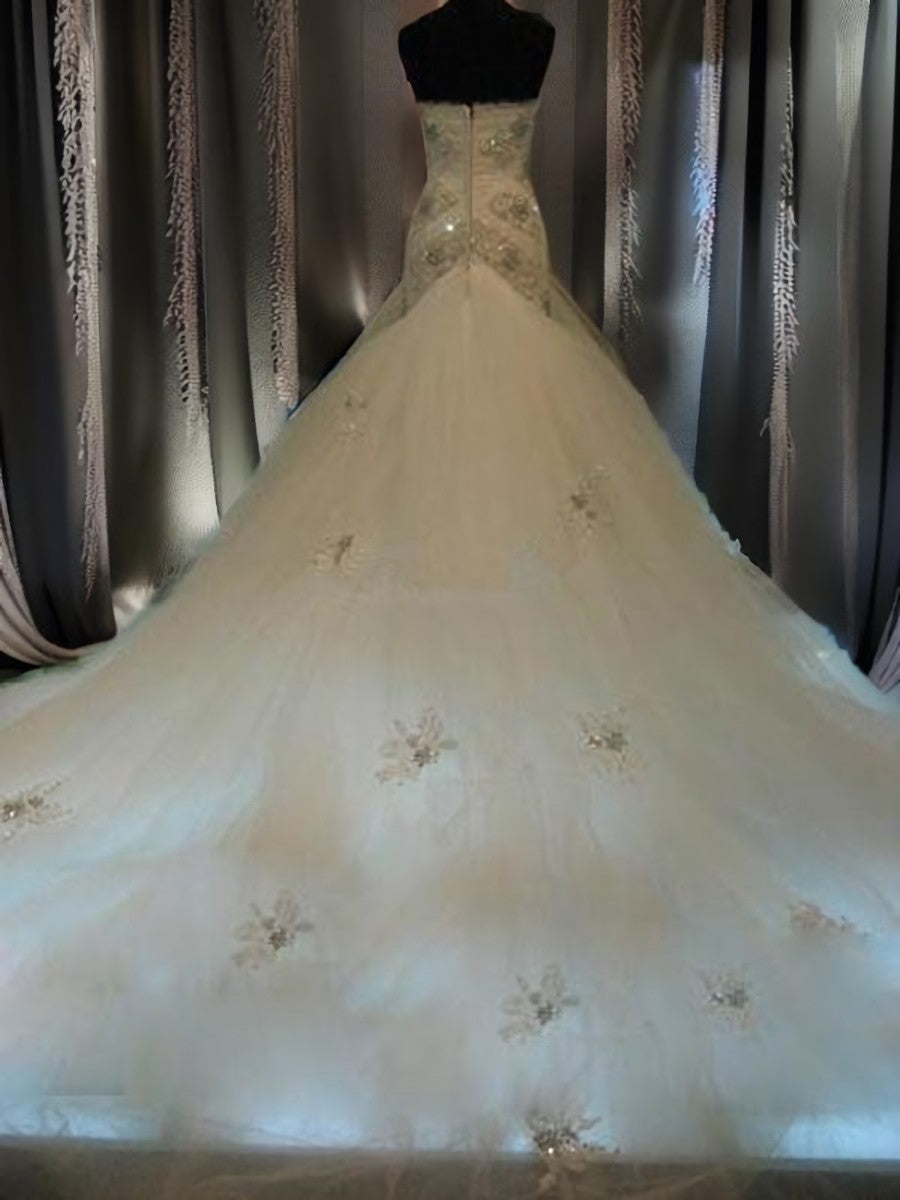 Wedding Dresses Backless, Mermaid Sweetheart Beading Chapel Train Tulle Wedding Dress