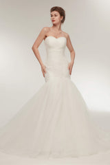 Wedding Dresses Back, Mermaid Sweetheart White Tulle Wedding Dresses with Appliques