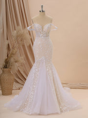 Wedding Dress With Sleeves Lace, Mermaid Tulle Off-the-Shoulder Appliques Lace Cathedral Train Corset Wedding Dress