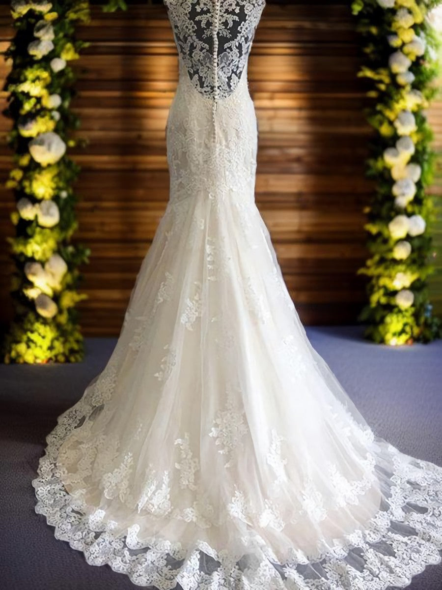 Wedding Dresses Off The Shoulder, Mermaid V-neck Lace Sweep Train Tulle Wedding Dress