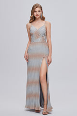 Prom Dress With Slits, Mermaid V-Neck Ruched Long Prom Dresses with Slit